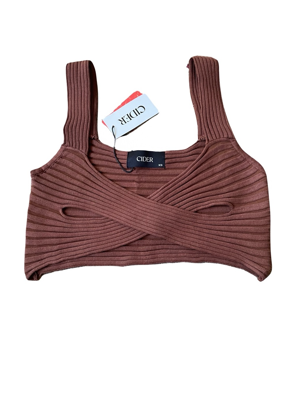 Cider Ribbed Cross-Front Crop Top in Mauve Brown